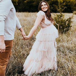 XL- Eiffel Tower Tulle Pearl Tiered Maxi Dress in Blush